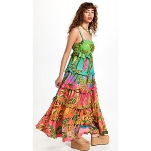 Farm Rio Anthropologie Ombre Forest Tiered Ruffle Beaded Maxi Dress